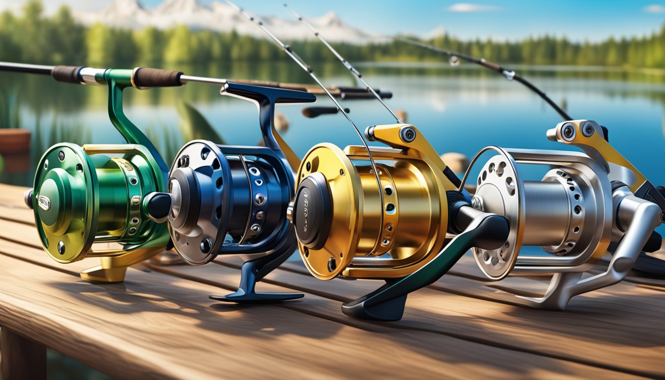 Colorful fishing reels arranged in a display, with different brands and sizes showcased on a wooden table against a backdrop of a serene lake