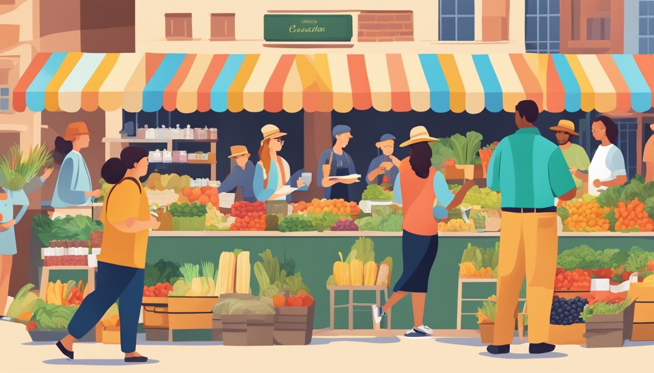 A bustling farmer's market with colorful signs and samples, people tasting and discussing food brand name ideas
