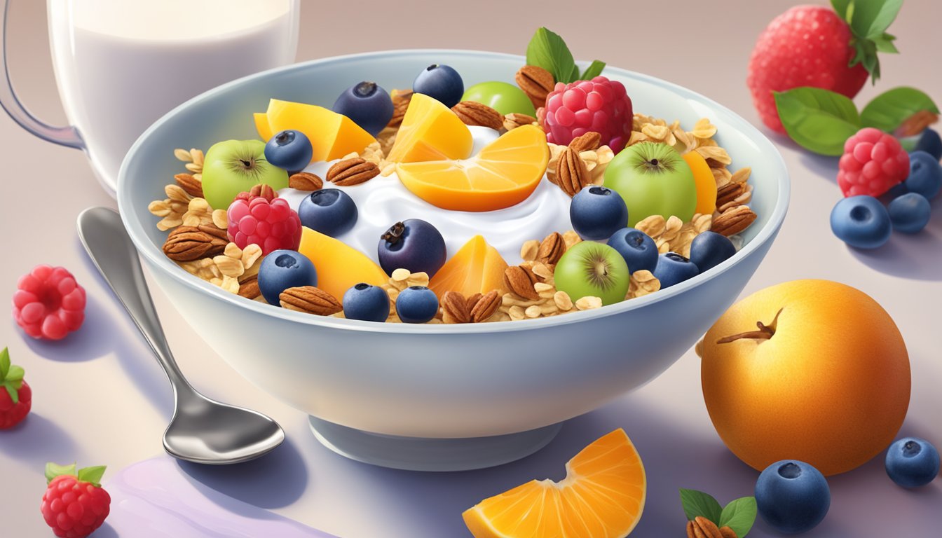 A bowl of yogurt surrounded by colorful fruits and granola, with a glass of milk in the background