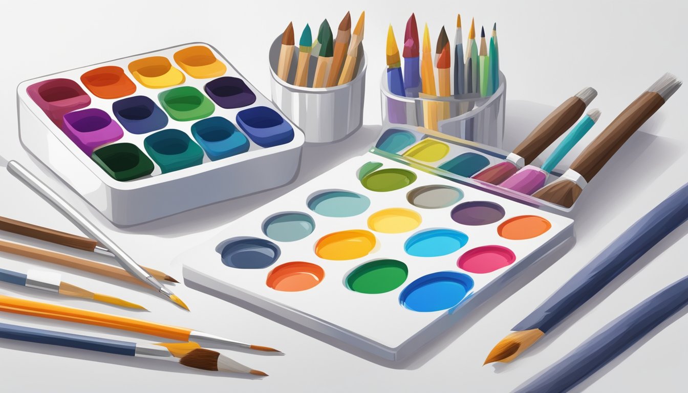 A colorful art test kit sits on a clean white table, surrounded by paintbrushes, pencils, and a blank canvas