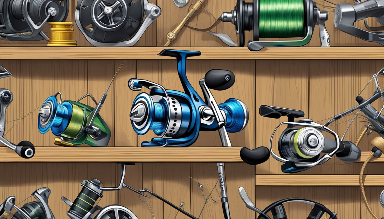 A collection of top fishing reel brands displayed on a wooden shelf, surrounded by fishing rods and various fishing accessories