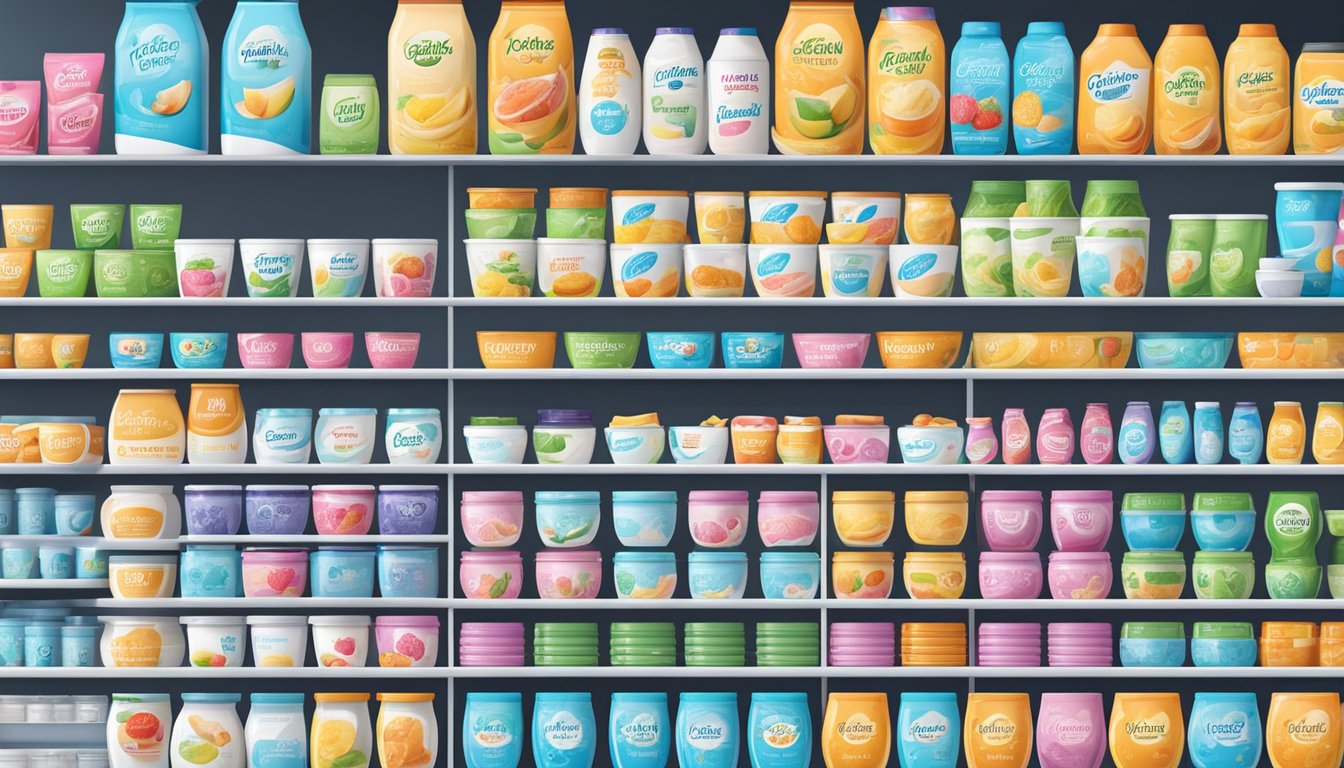 A variety of yogurt containers with different brand logos displayed on shelves in an Australian grocery store
