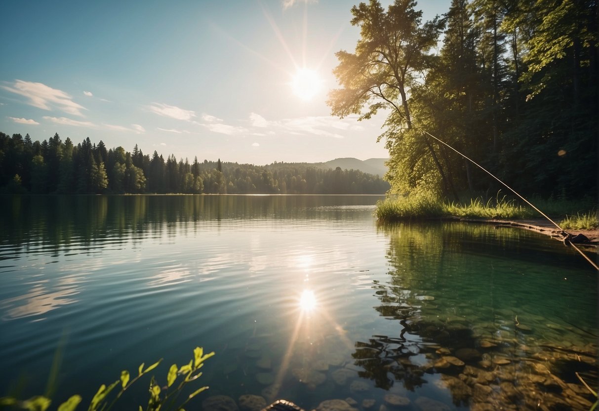 A serene lake surrounded by lush greenery, with a fishing rod casting a line into the water. The sun is shining, and there are ripples on the surface of the lake