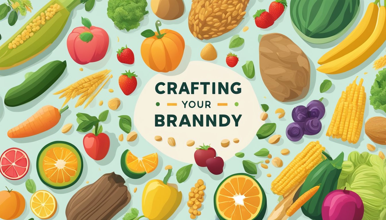 A colorful array of food items, such as fruits, vegetables, and grains, arranged in a visually appealing manner with the words "Crafting Your Food Brand Identity" prominently displayed