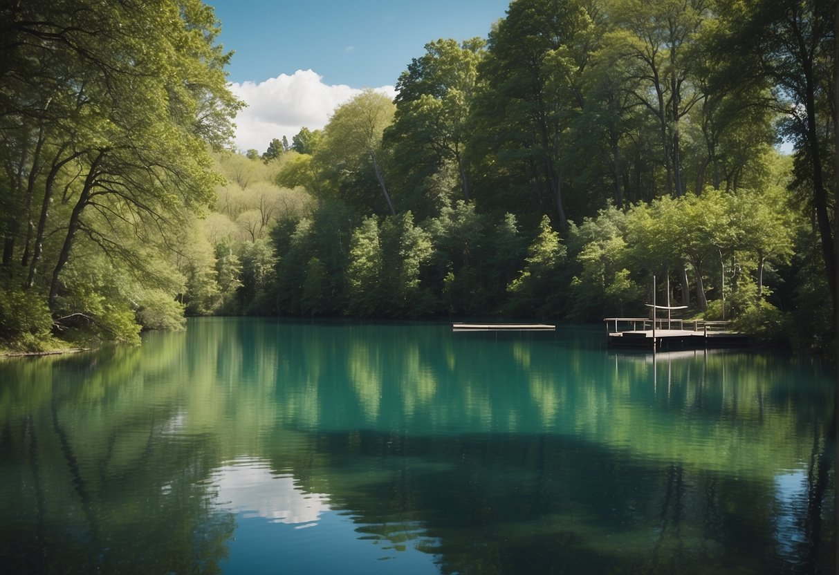 A serene lake surrounded by lush green trees, with a sign displaying fishing regulations and conservation guidelines. The clear blue water reflects the bright spring sky, creating a peaceful and inviting atmosphere for fishing
