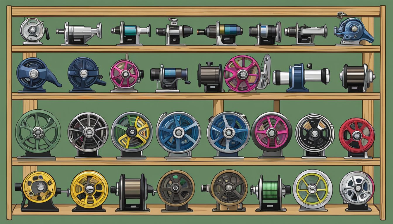 A variety of fishing reels displayed on a store shelf, with different sizes, colors, and features. Labels indicate brand names and specifications