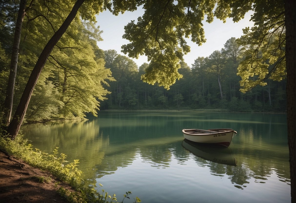 A serene lake surrounded by lush green trees, with a fishing boat docked on the shore. The sun is shining, and the water is calm, creating the perfect setting for a peaceful fishing trip during spring break in Missouri