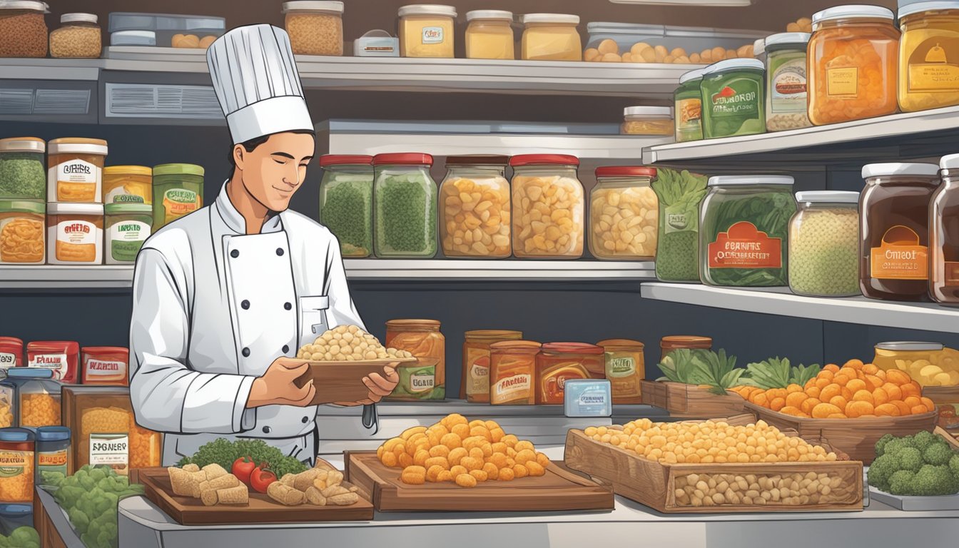 A chef carefully inspects various food products with the brand name prominently displayed, ensuring their viability in the market