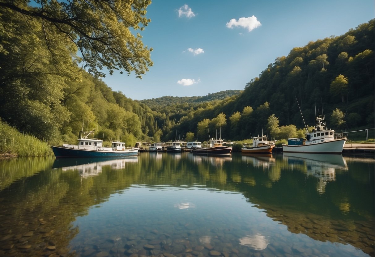 Fishing boats docked at a peaceful lake surrounded by lush greenery and rolling hills, with a clear blue sky and gentle spring breeze