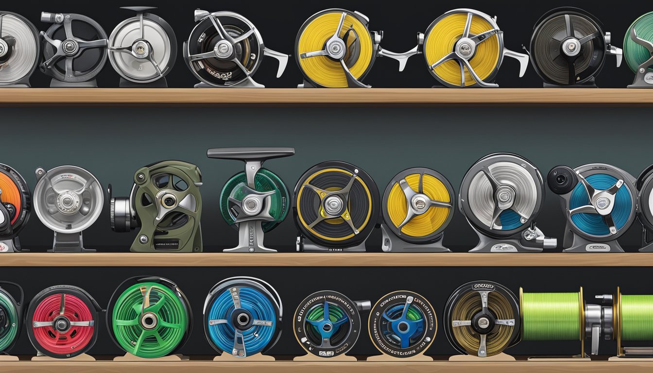 A display of various fishing reel brands arranged on a shelf, with labels and logos clearly visible
