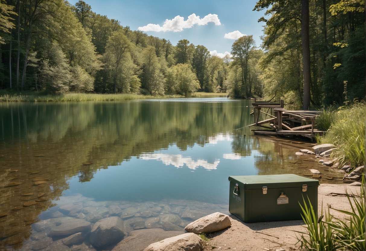 A serene lake surrounded by lush greenery, with a fishing rod and tackle box at the water's edge. A variety of fish jumping in the clear water, and a sign nearby indicating "Best Places to Go Fishing in Missouri During Spring Break."