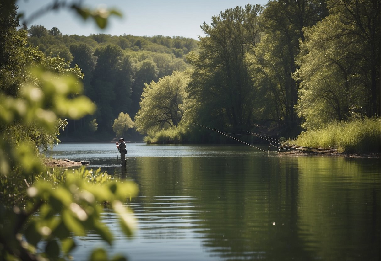 A serene lake surrounded by lush greenery, with signs of conservation efforts and abundant wildlife. A fisherman casting his line into the clear water, capturing the essence of sustainable fishing in Missouri during spring break