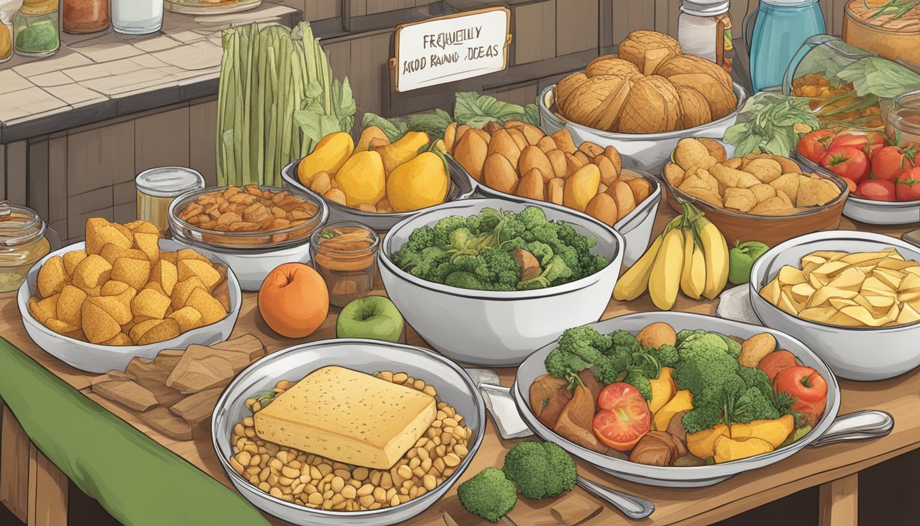 A table with a variety of food items and a sign reading "Frequently Asked Questions food brand name ideas" displayed prominently