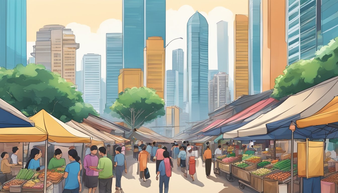 Busy Singapore street market with colorful stalls selling souvenirs, electronics, and traditional foods. Skyscrapers loom in the background