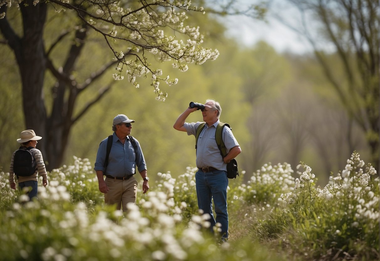 A variety of birds flit among budding trees and blooming flowers in a Missouri forest, as a family watches with binoculars and bird guide in hand