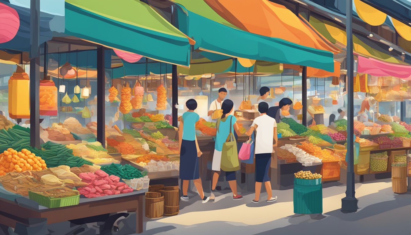 A bustling market stall displays iconic souvenirs and local delicacies from Singapore. Brightly colored trinkets and exotic foods fill the scene