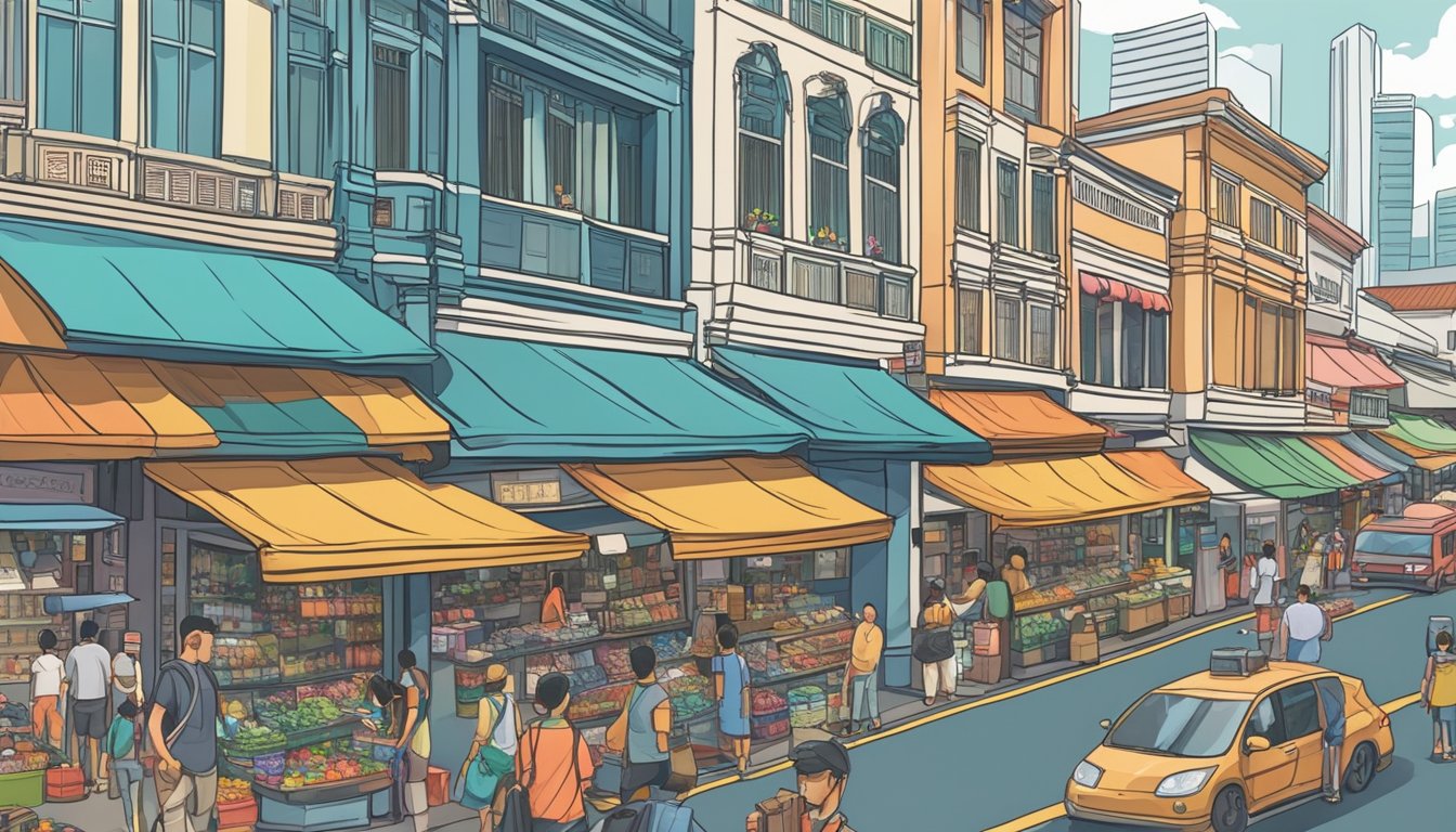 A bustling market street with colorful storefronts and busy shoppers in Singapore. Various goods on display, from traditional crafts to modern electronics