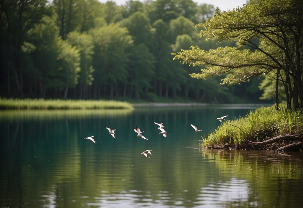 Lush forests and serene lakes in Missouri teeming with colorful birds in spring