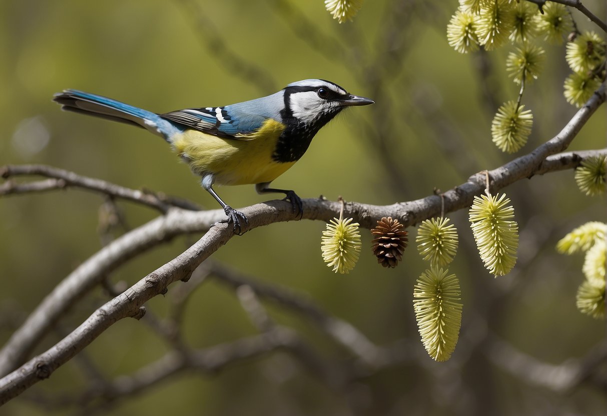 Colorful warblers flit among budding trees, while a cardinal perches on a branch. A blue jay squawks nearby, as a woodpecker taps on a tree trunk