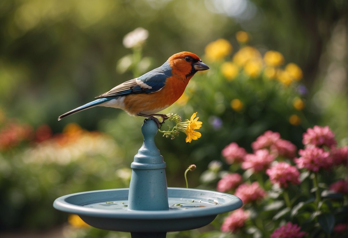 A lush garden with a variety of native plants, bird feeders, and a birdbath. Colorful birds flit around, perching and feeding in the peaceful setting