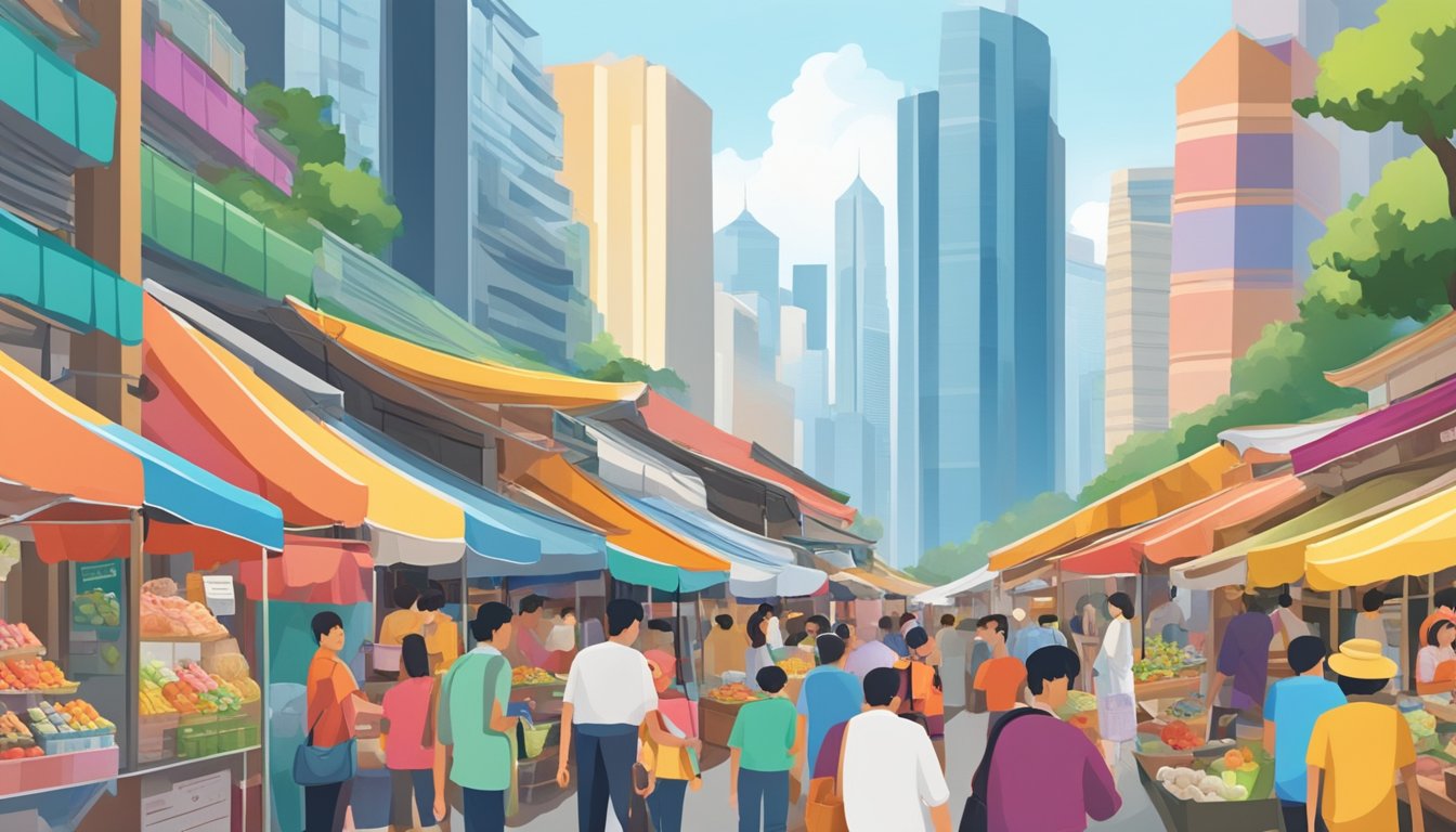 A bustling Singapore market with colorful souvenirs, traditional crafts, and local delicacies on display. Tourists and locals browse through the vibrant stalls, surrounded by towering skyscrapers in the background