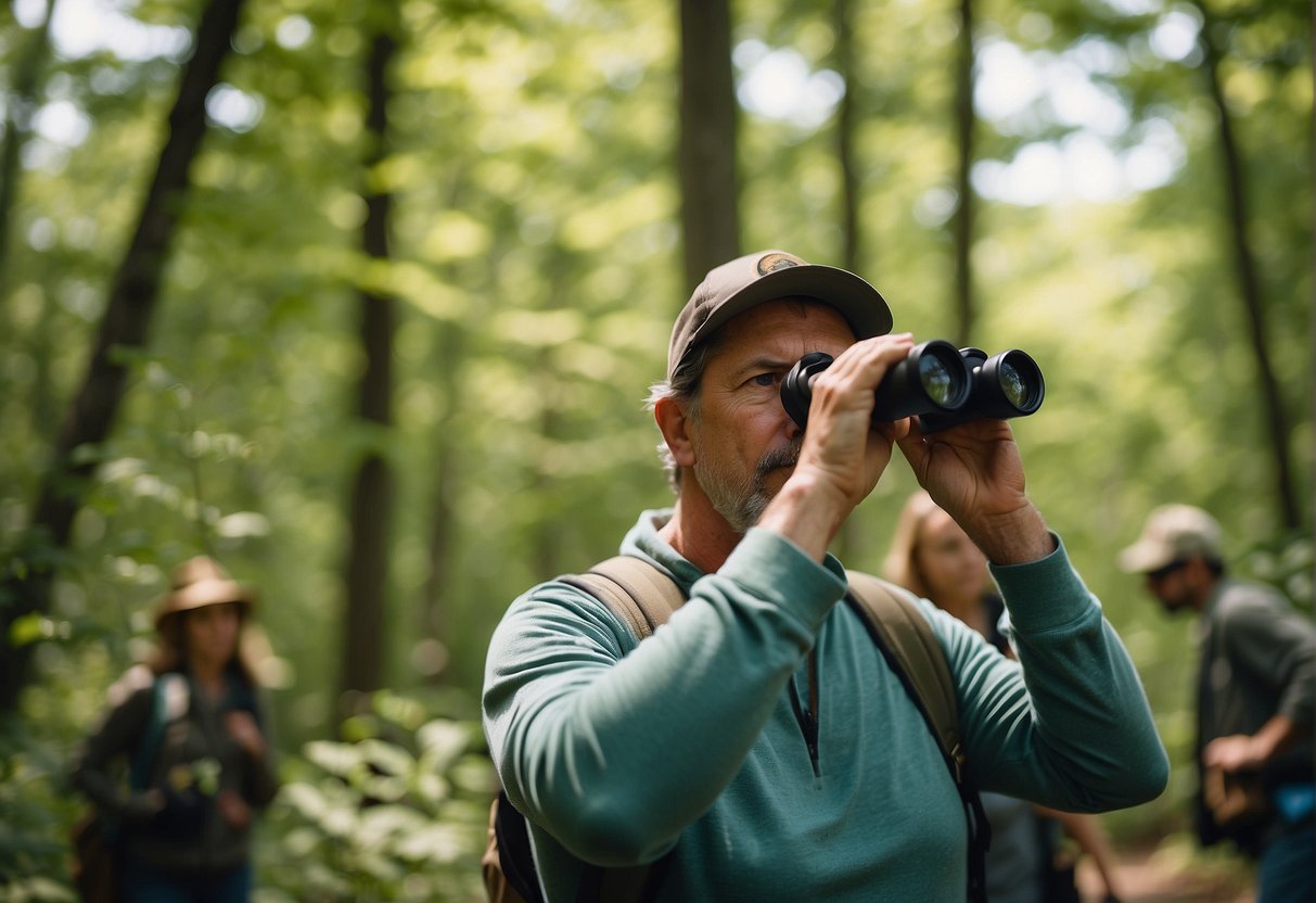 Birdwatchers spot a variety of colorful birds in a lush Missouri forest, using binoculars and field guides. The trees are filled with chirping and fluttering as families quietly observe the wildlife