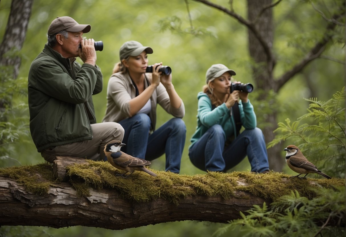 Birds perched on blooming branches in a Missouri forest, while a family watches with binoculars and a guidebook in hand