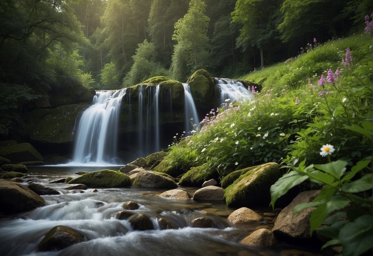 Lush greenery surrounds a cascading waterfall, with vibrant wildflowers blooming nearby. The water flows gracefully over rocks, creating a serene and picturesque scene