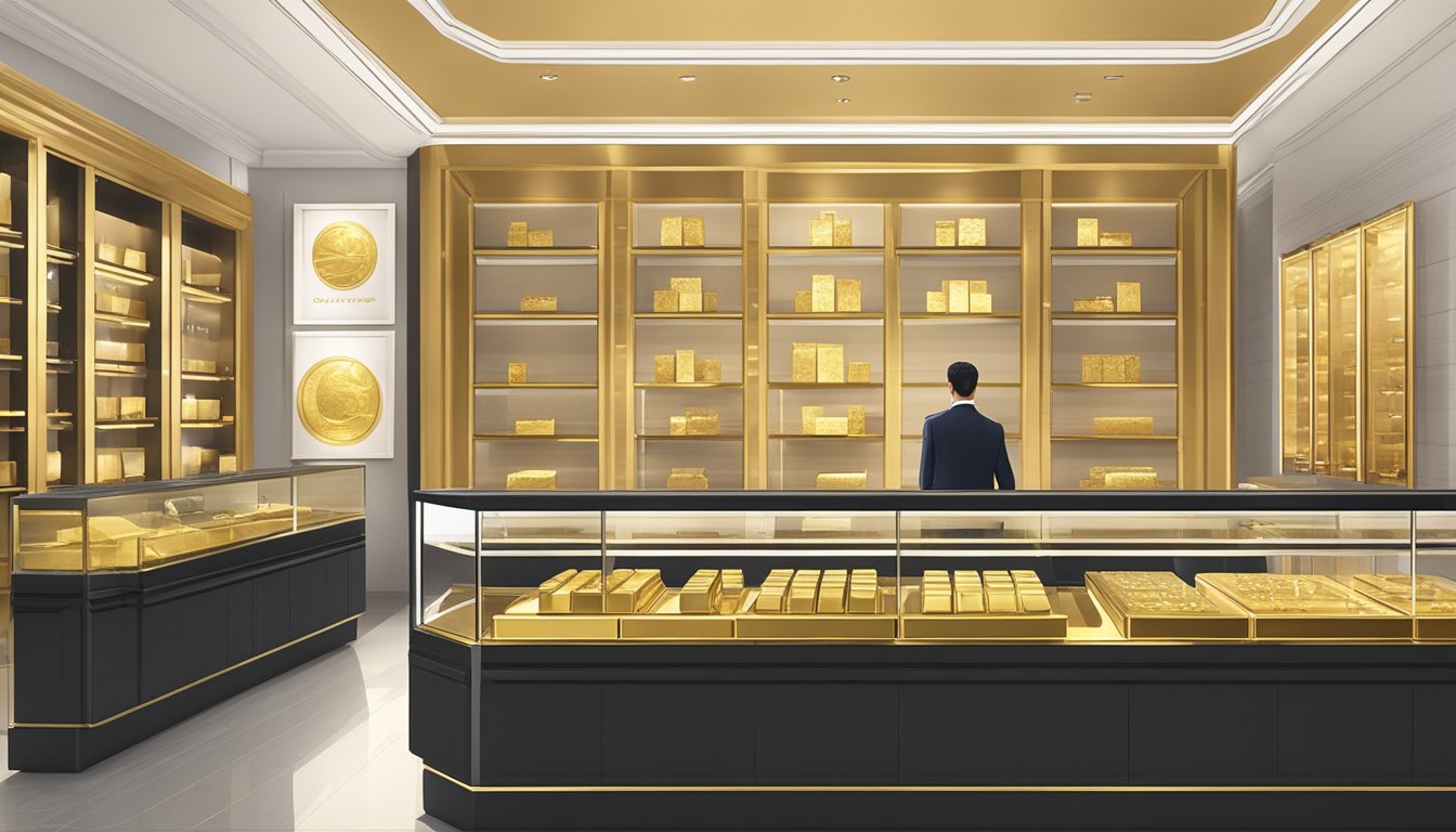 A customer approaches a counter in a sleek, modern gold shop in Singapore, where a display case showcases gleaming gold bars of various sizes and shapes