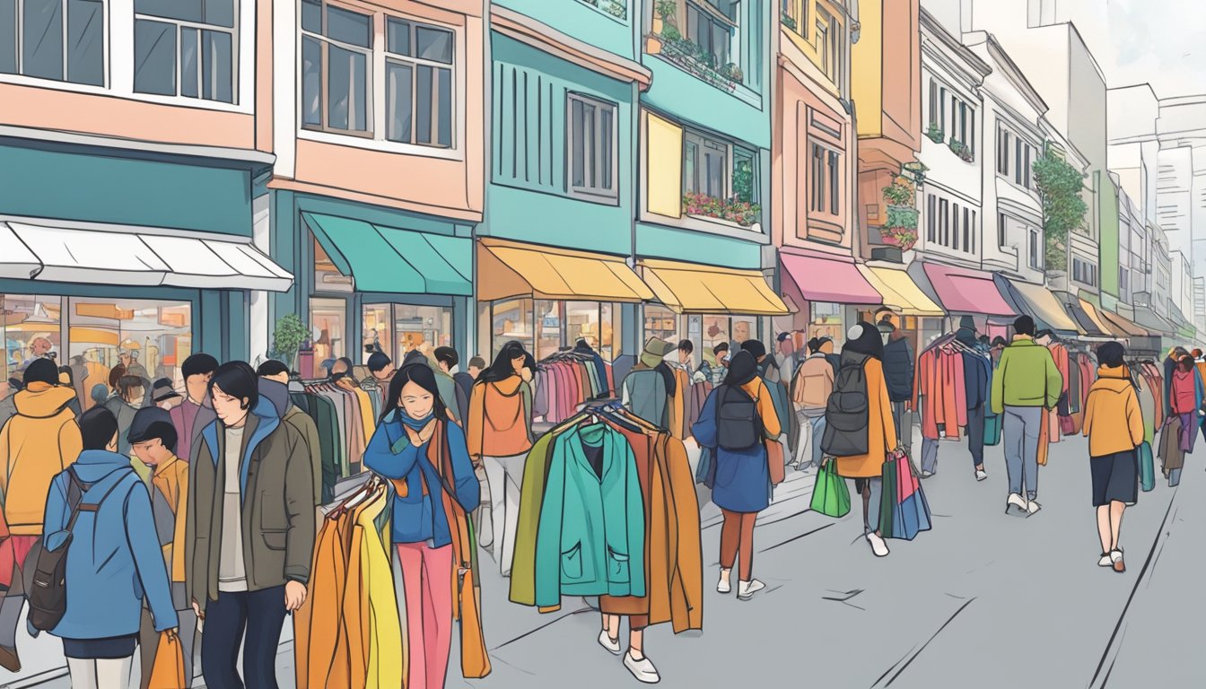 A bustling shopping street in Singapore, with colorful storefronts displaying winter clothing. Shoppers browse through racks of coats, scarves, and boots