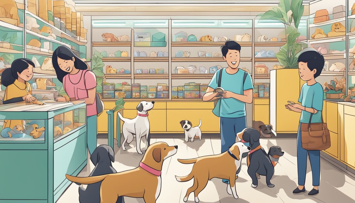 A variety of puppies playfully interact with potential adopters in a bright and welcoming pet store in Singapore