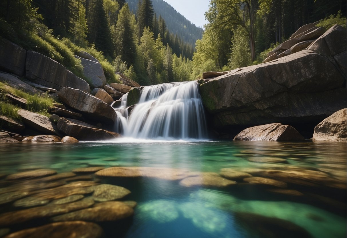 Crystal clear water cascades over rocky ledges, surrounded by lush greenery and colorful wildflowers. A serene and tranquil atmosphere, with the sound of rushing water in the background