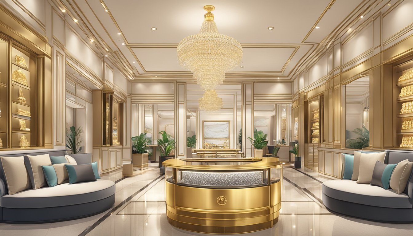 A luxurious jewelry store in Singapore displays gleaming gold bars for sale. The elegant interior and professional staff create a sophisticated atmosphere