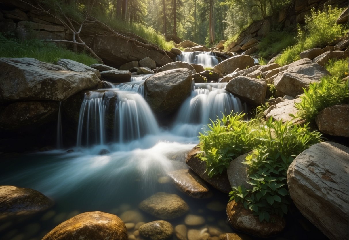 Crystal clear water cascades over rocky ledges, surrounded by lush green foliage and vibrant wildflowers. Sunlight dances on the surface, creating a dazzling display of natural beauty