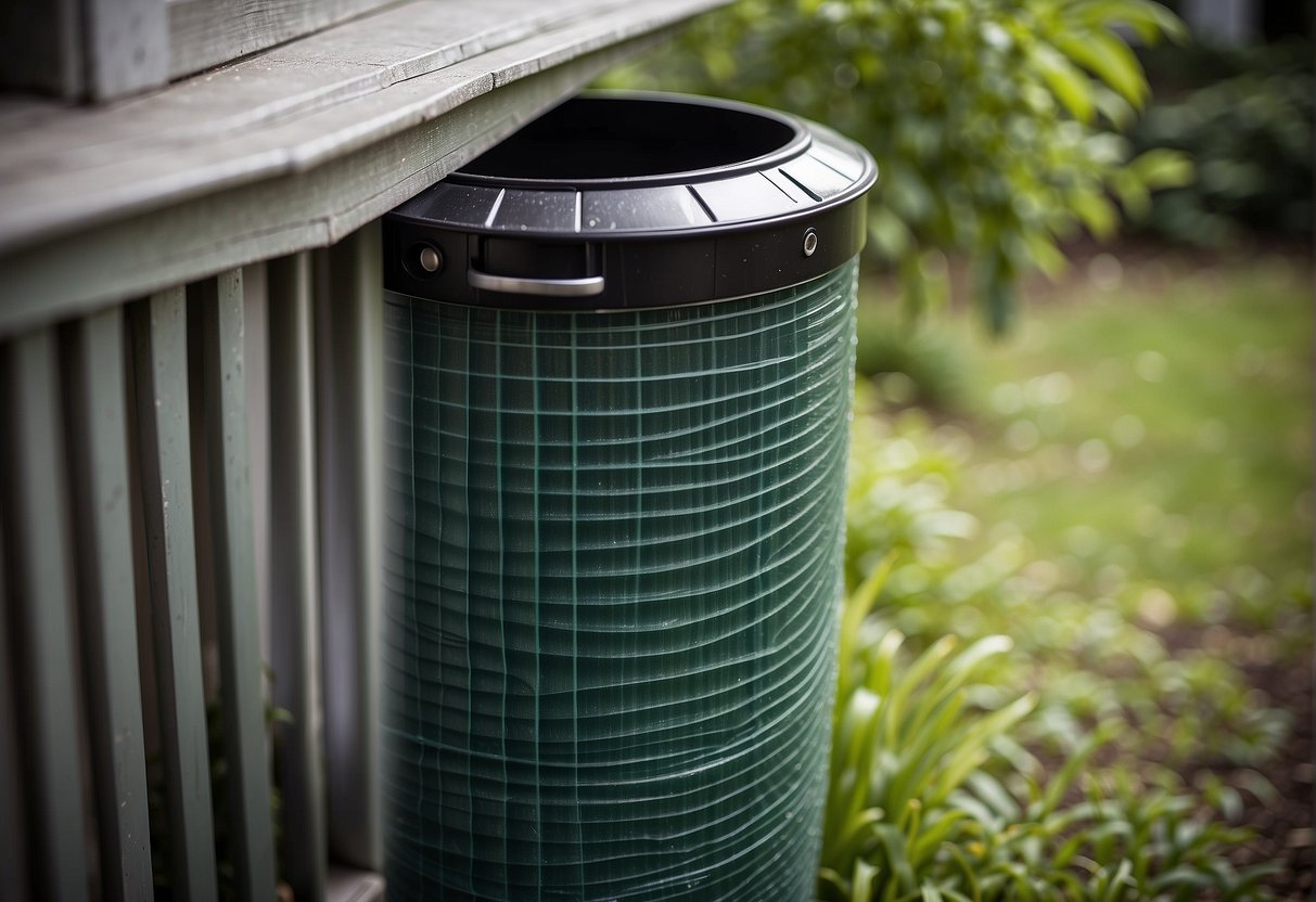 A rain barrel with a tightly sealed lid and a fine mesh screen over the opening to prevent mosquitoes from entering