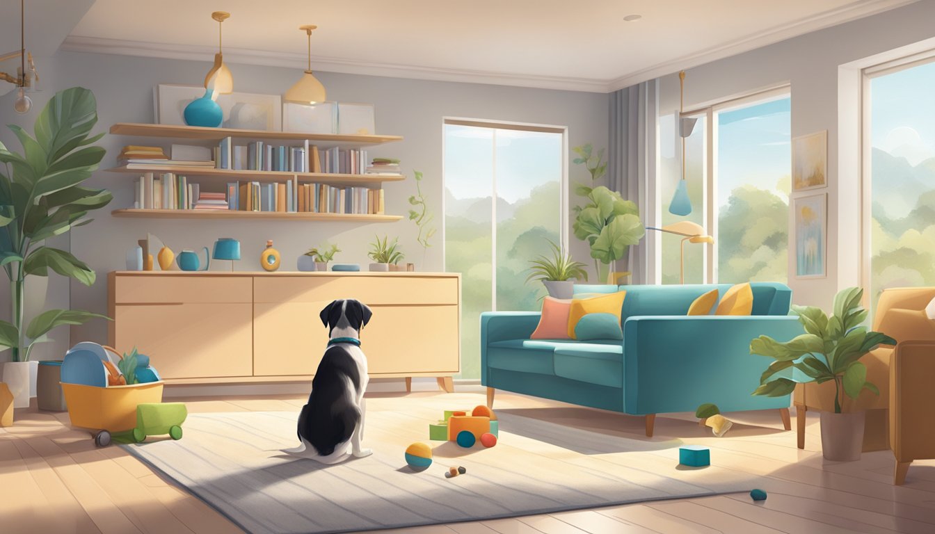 A happy puppy exploring a spacious, clean living area with toys and water, while a new owner watches attentively