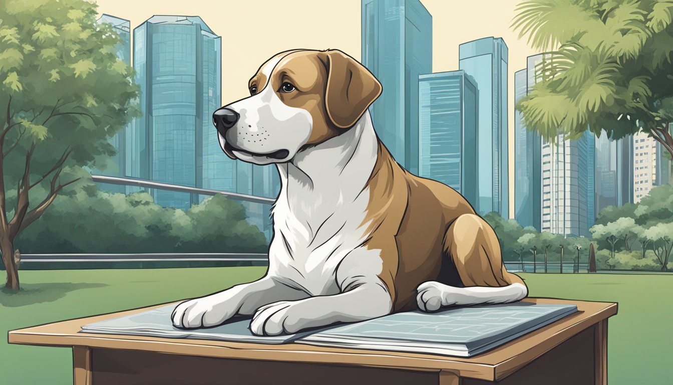 A dog sitting next to a "Frequently Asked Questions" sign with a Singapore backdrop