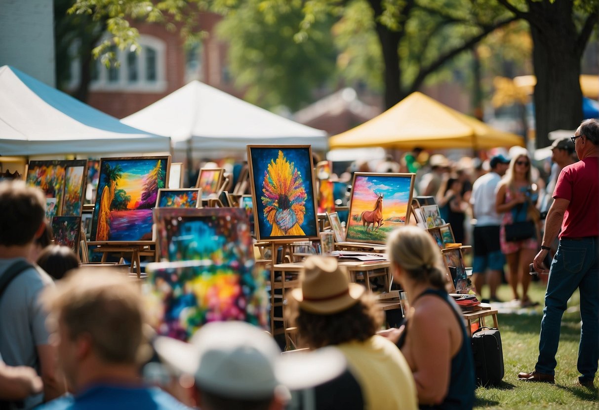 A colorful art festival in Missouri's spring, with vibrant paintings, sculptures, and cultural displays. The atmosphere is lively and inviting, with people exploring and appreciating the diverse art and culture