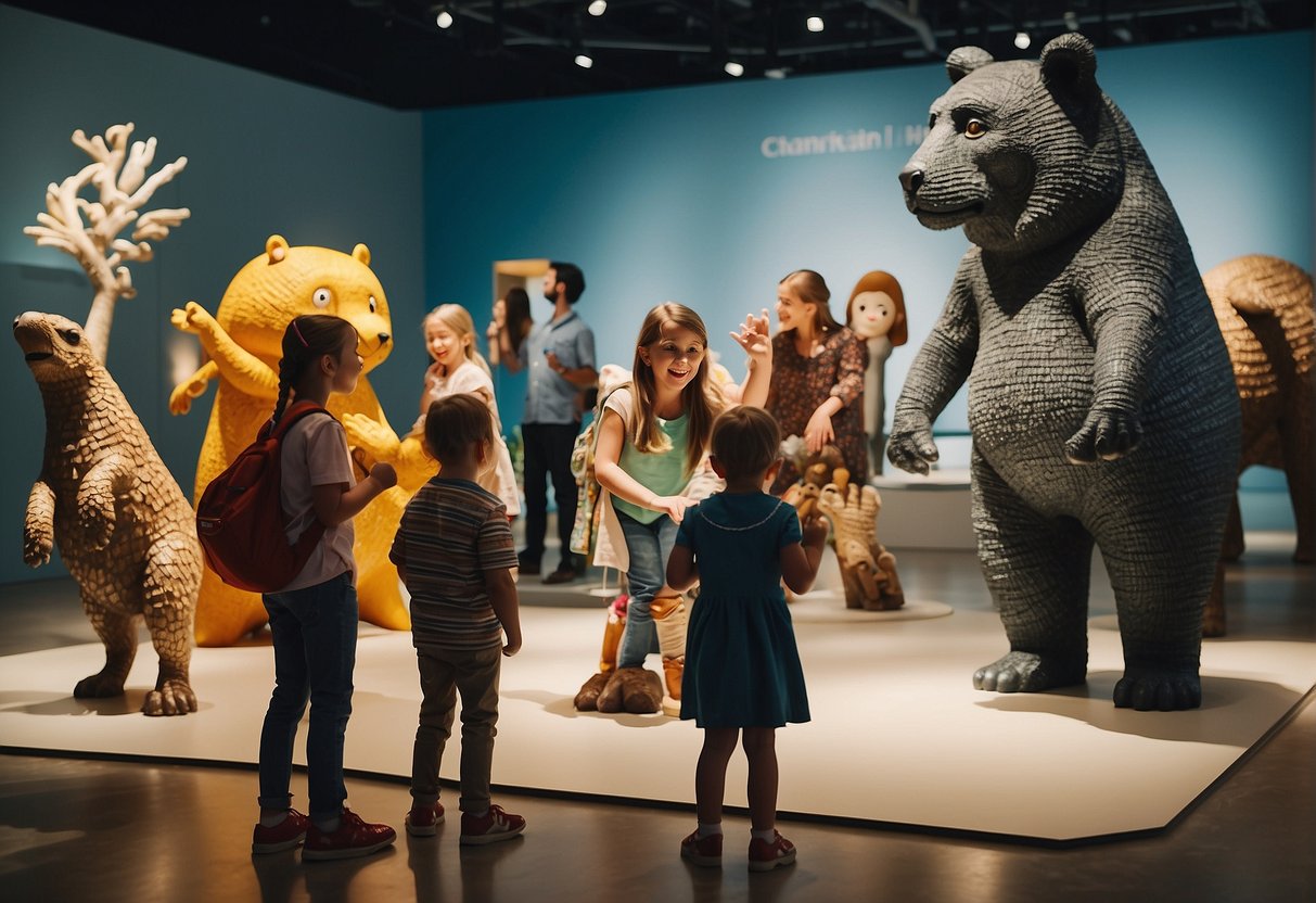 Families explore a colorful art museum, kids laughing at interactive exhibits, while parents admire local sculptures and paintings. Outside, a cultural festival buzzes with music, food, and crafts