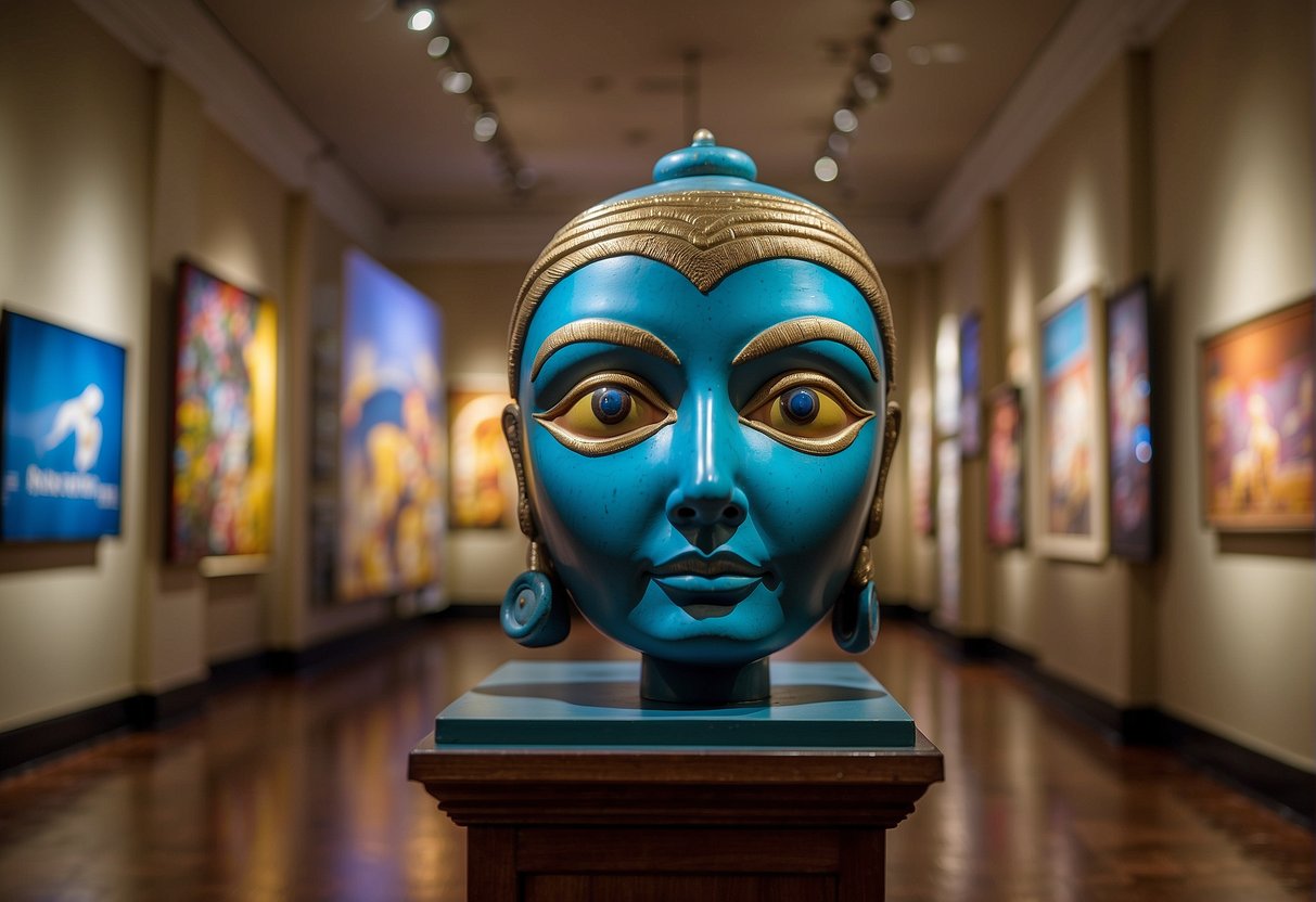 A bustling art gallery showcases vibrant paintings and sculptures, while nearby, a historic landmark stands as a symbol of Missouri's rich cultural heritage