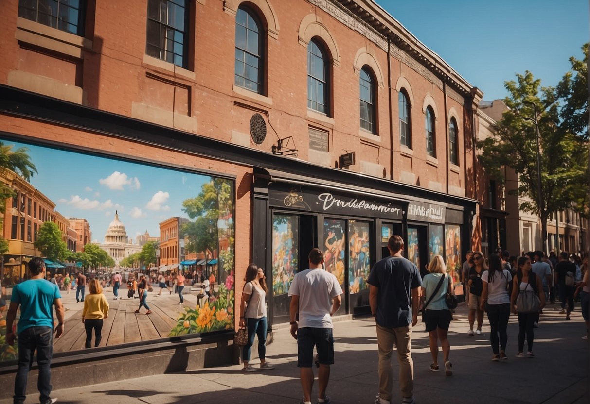 A bustling city street lined with colorful murals and historic buildings, with people browsing through art galleries and enjoying outdoor performances