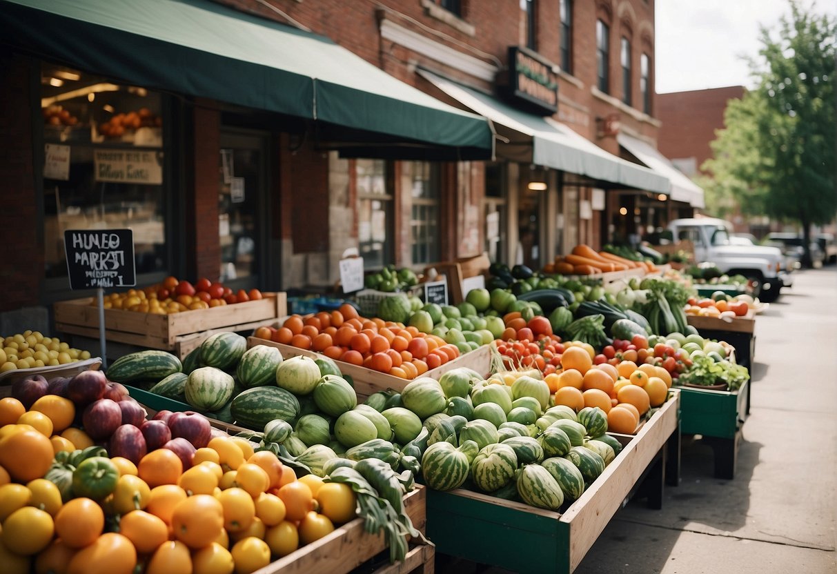 Colorful farmers market with fresh produce and local crafts, surrounded by lively street art and historic buildings in Missouri