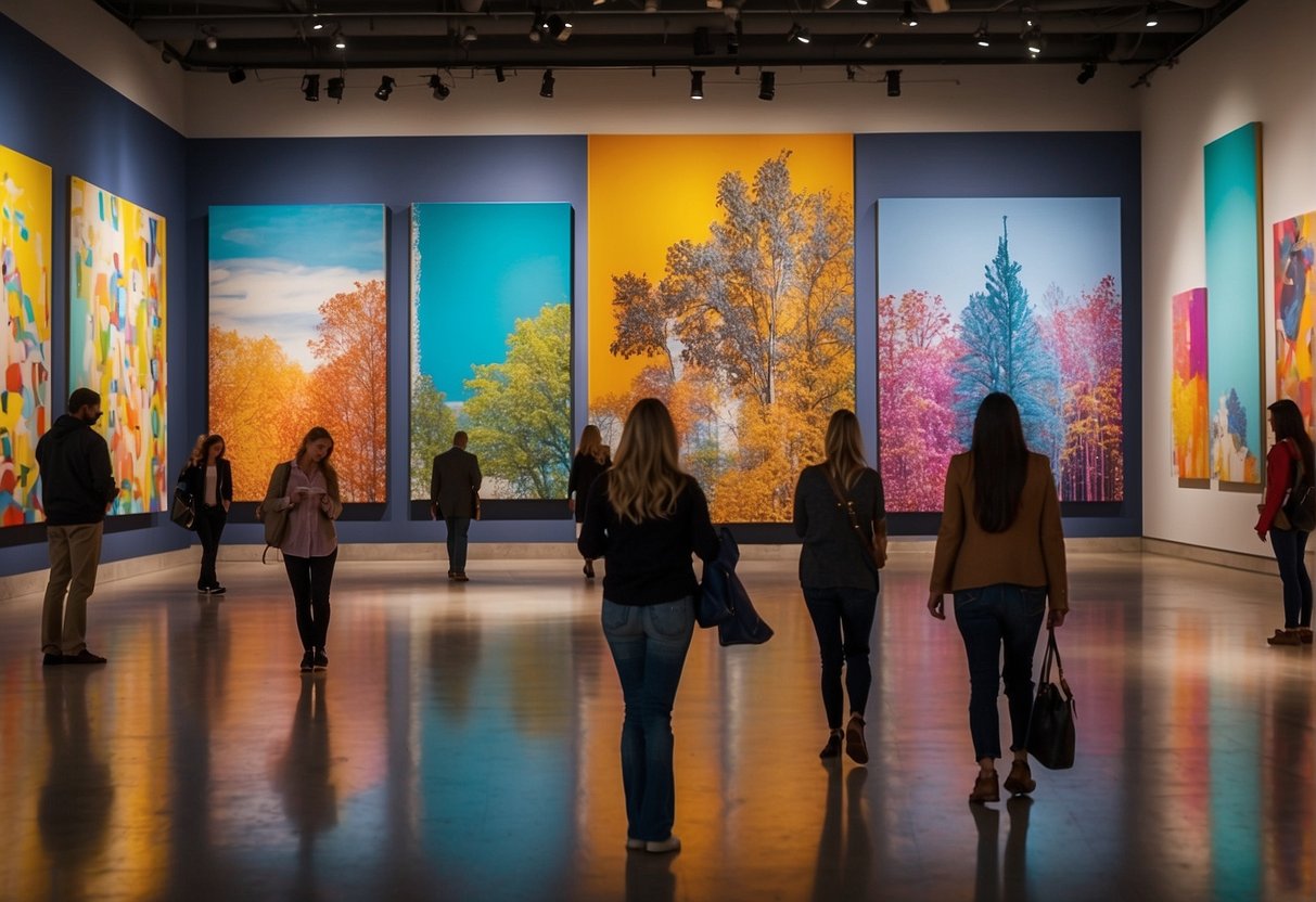 Visitors stroll through a vibrant art museum, admiring colorful paintings and sculptures. A map of Missouri highlights cultural landmarks and events for Spring Break