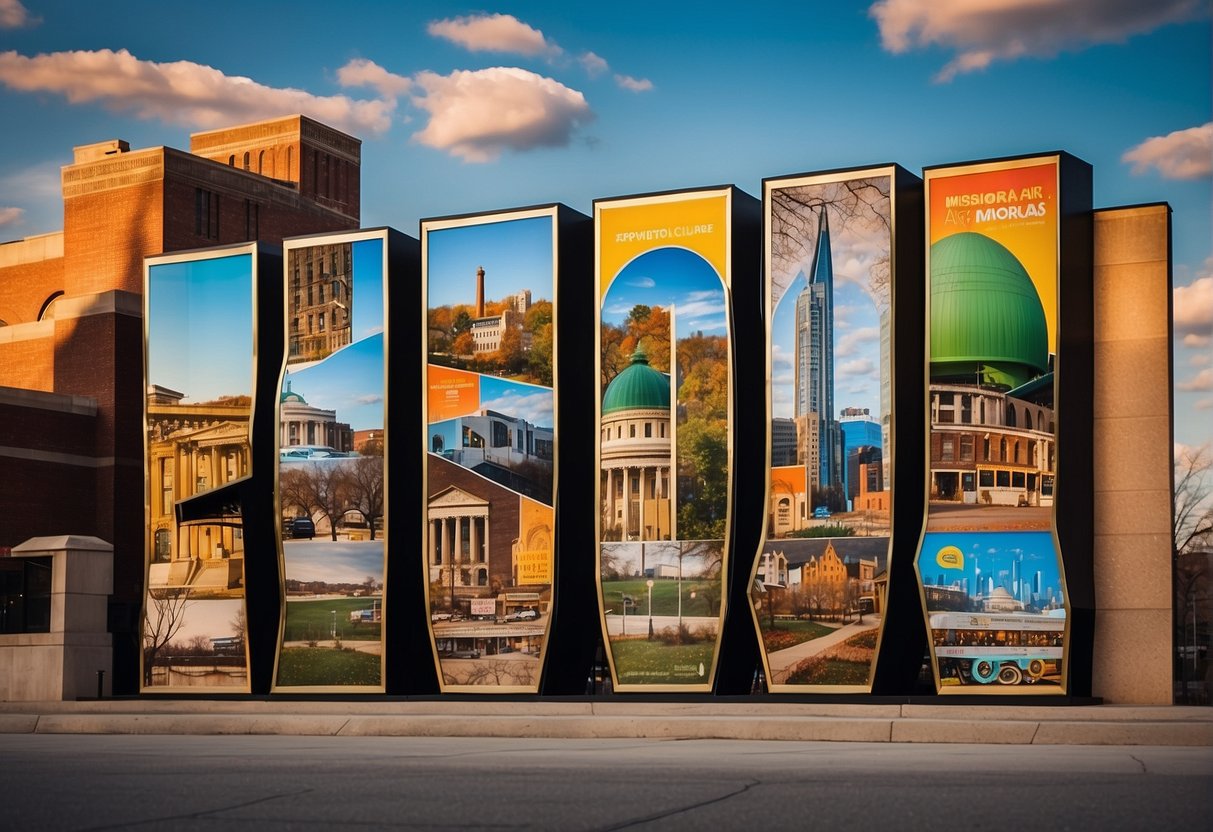 A colorful poster featuring iconic Missouri landmarks and cultural symbols with the text "Frequently Asked Questions Exploring Art and Culture in Missouri This Spring Break" prominently displayed