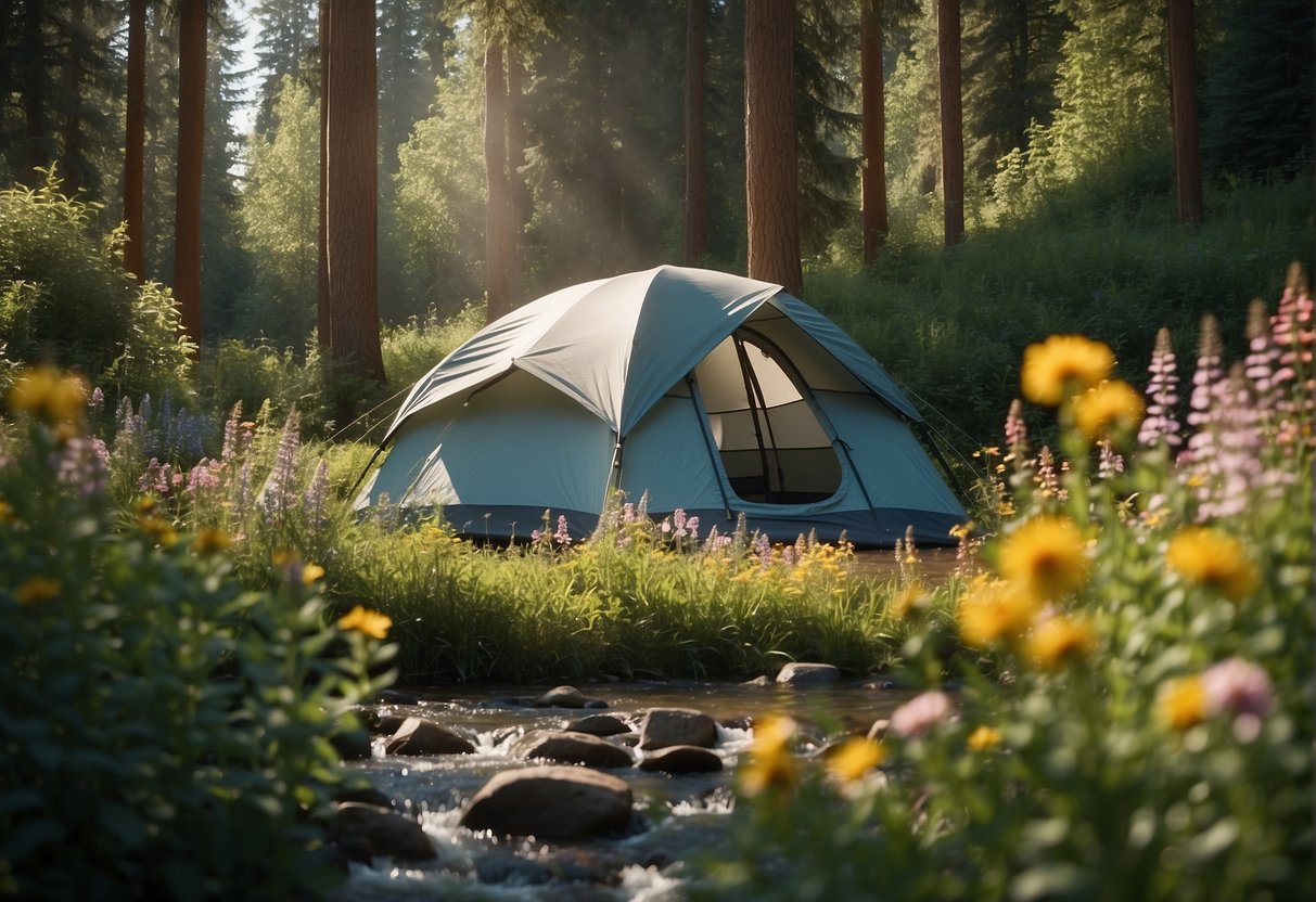 A colorful tent nestled among tall trees and blooming wildflowers, with a gentle stream flowing nearby and a clear blue sky above