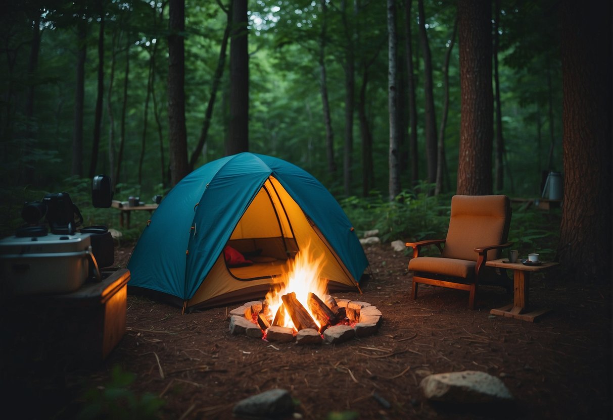 A colorful tent surrounded by camping gear and a campfire in a lush Missouri forest clearing
