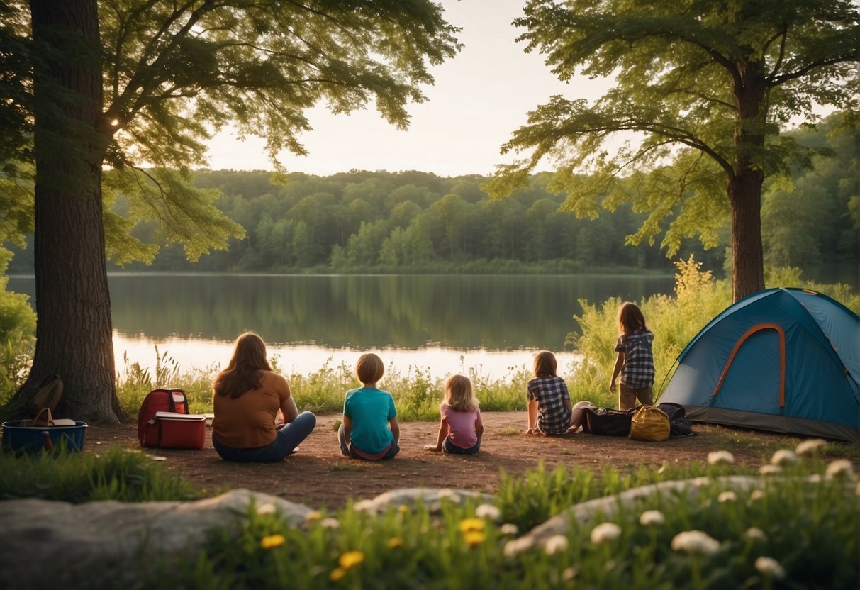 Families pitching tents beside a tranquil lake, surrounded by lush green trees and colorful wildflowers in a Missouri spring camping site