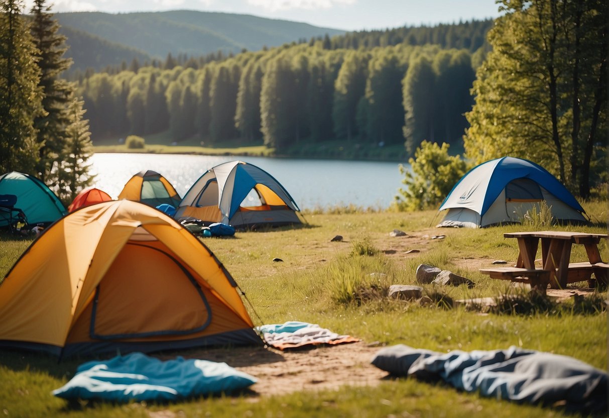 A sunny meadow with colorful tents, families enjoying outdoor activities, and a serene lake in the background