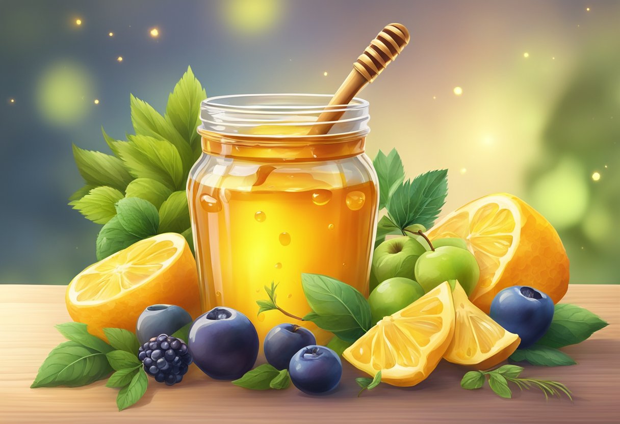 A jar of honey surrounded by fresh fruits and herbs, with a glowing aura of health and vitality