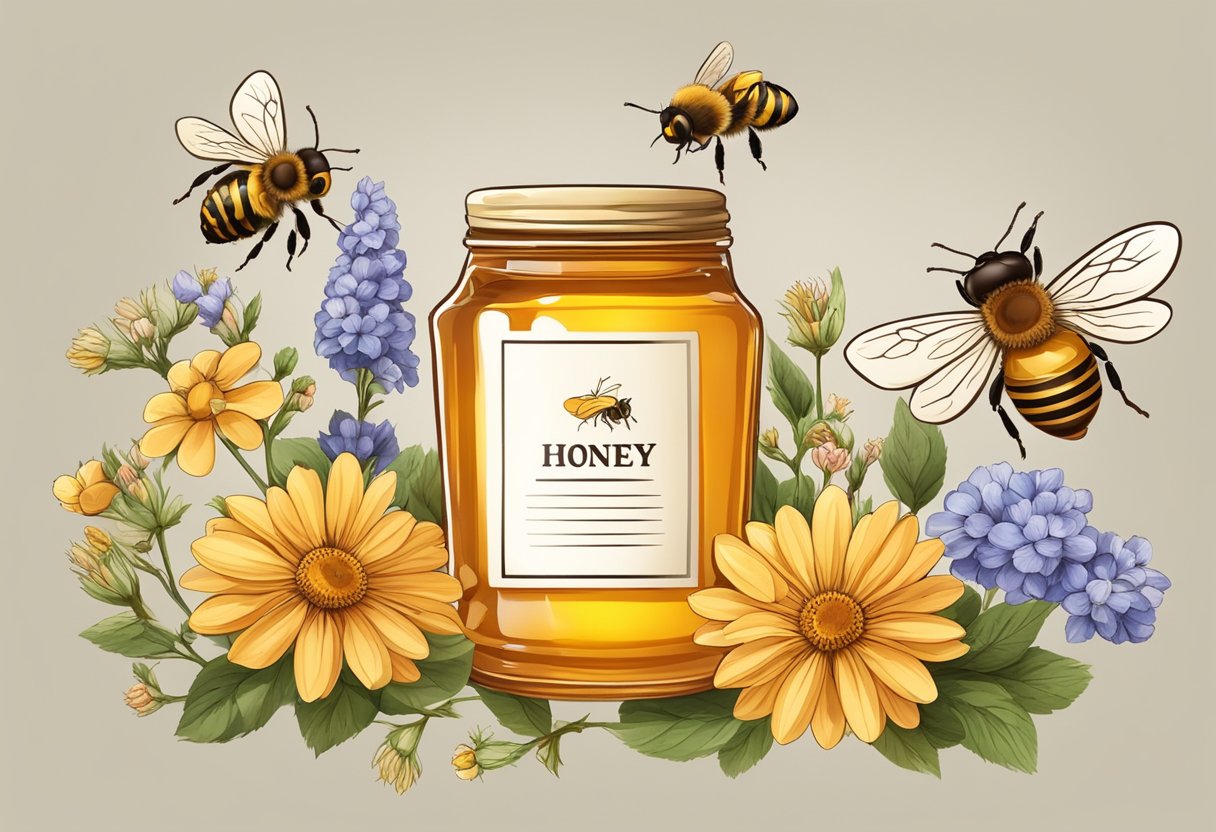 A honey jar with a spoon, surrounded by bees and flowers